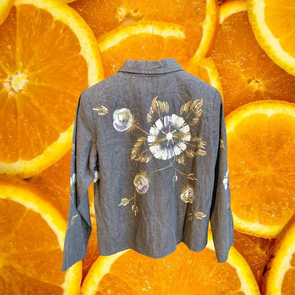 Alex Kim Gray Floral Embroidered Sequined Button Down Blazer‎ Women's Size S